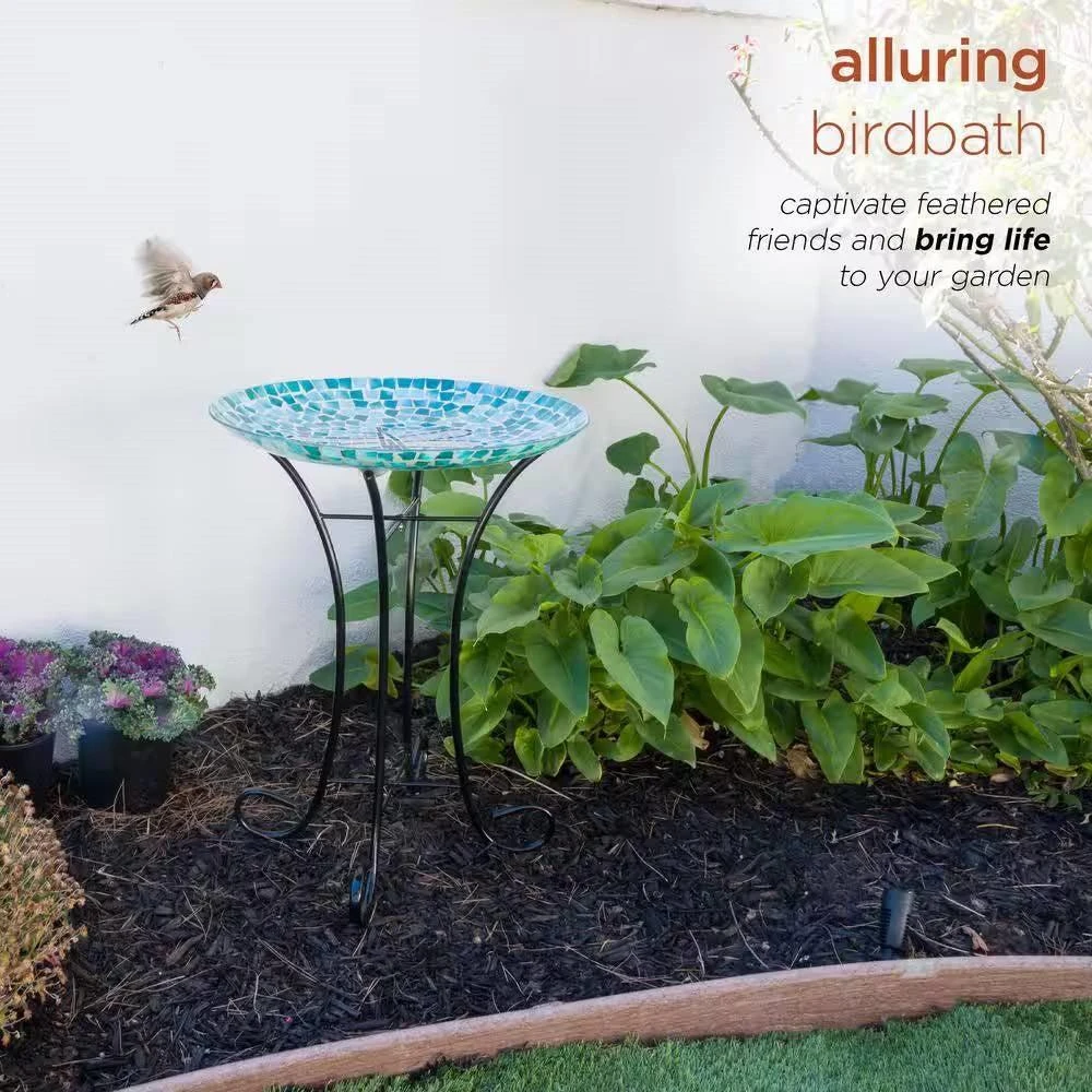 Hivvago Teal Green Blue White Mosaic Glass Birdbath Bowl with Black Metal Stand 3