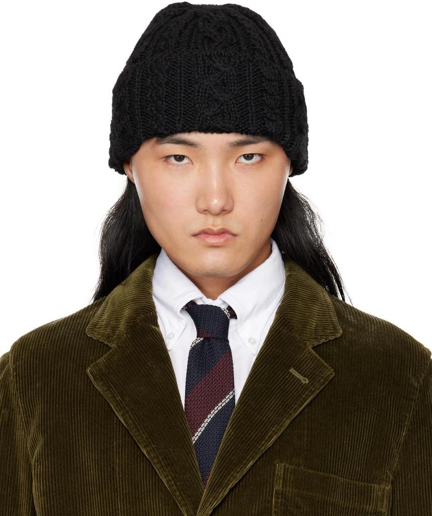 Drake's Black Wool Cable Knit Beanie 1