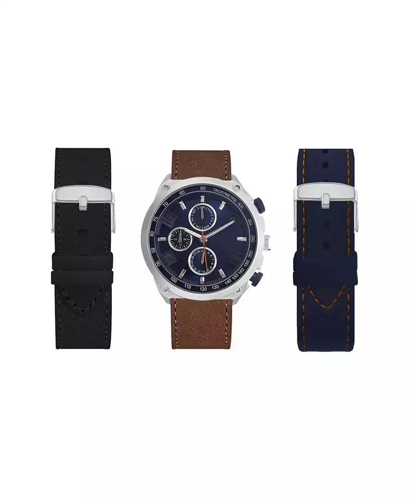 American Exchange Men's Analog Black Strap Watch 47mm with Brown, Navy and Black Interchangeable Straps Set 1