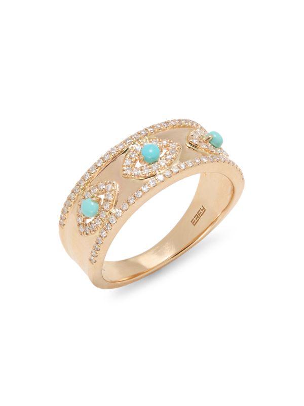 Effy 14K Yellow Gold Diamond & Turquoise Ring