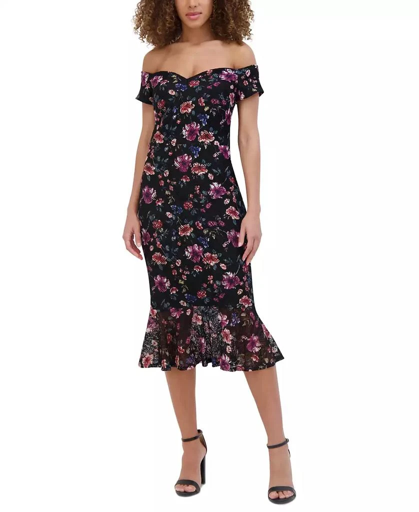 Siena Women's Off-the-Shoulder Printed Floral Lace Midi Dress 1