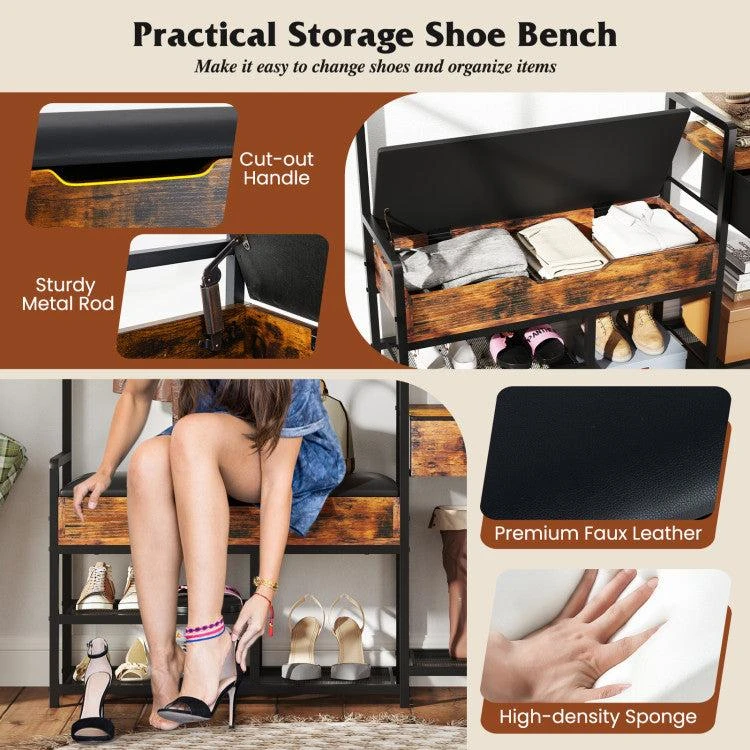 Hivvago 70 Inch Hall Tree with Shoe Storage Bench Freestanding Coat Rack-Rustic Brown 5