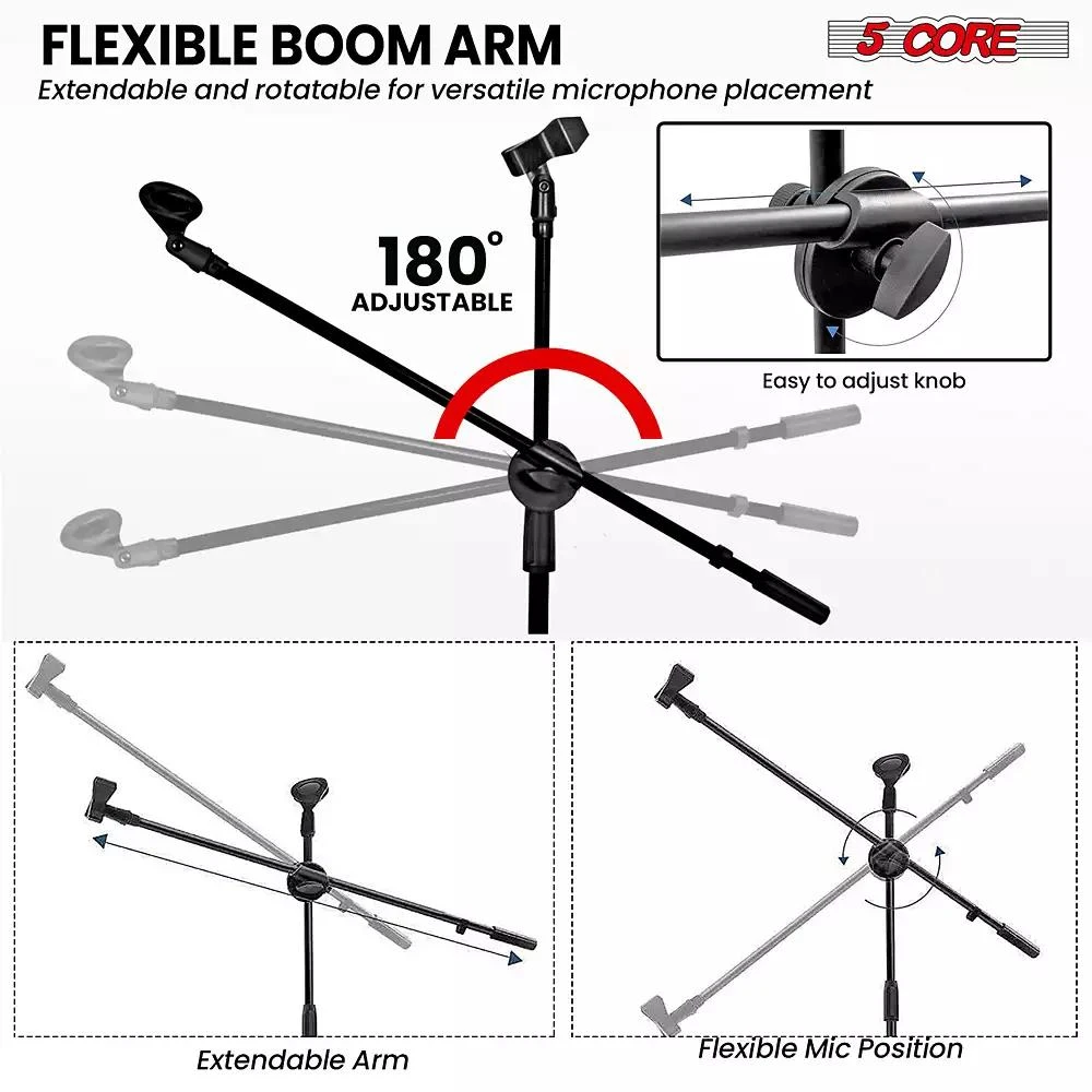 5 Core Mic Stand Floor Height Adjustable Tripod Microphone Stands w Extending Telescoping Boom Arm - MS DBL 5