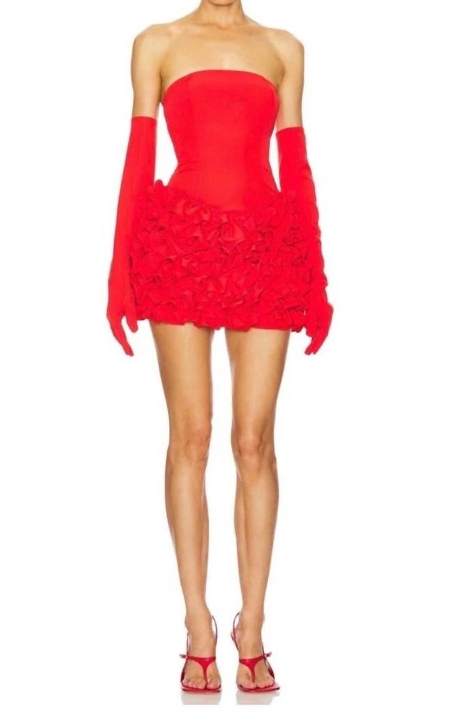 Miscreants London Alexis Ruffle Strapless Mini Dress With Gloves In Red