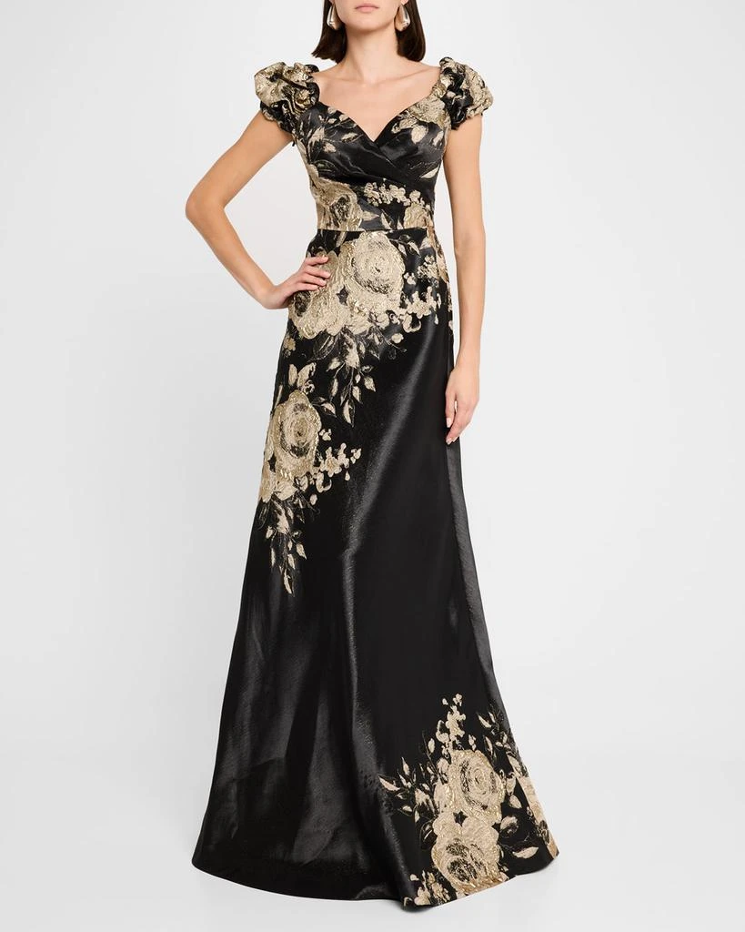 Teri Jon Cap-Sleeve Floral Metallic Jacquard Gown 4