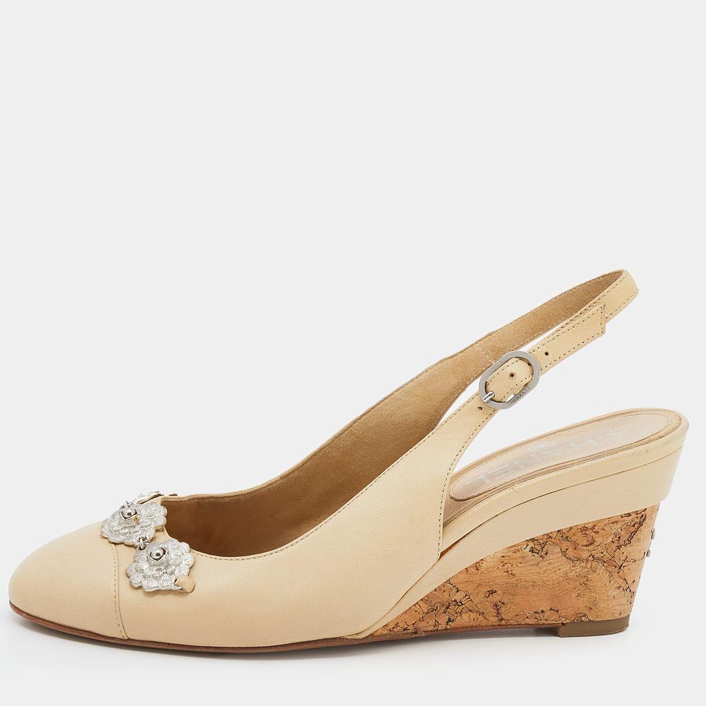 Chanel Chanel Cream Leather Cork Wedge Heel Slingback Sandals Size 37
