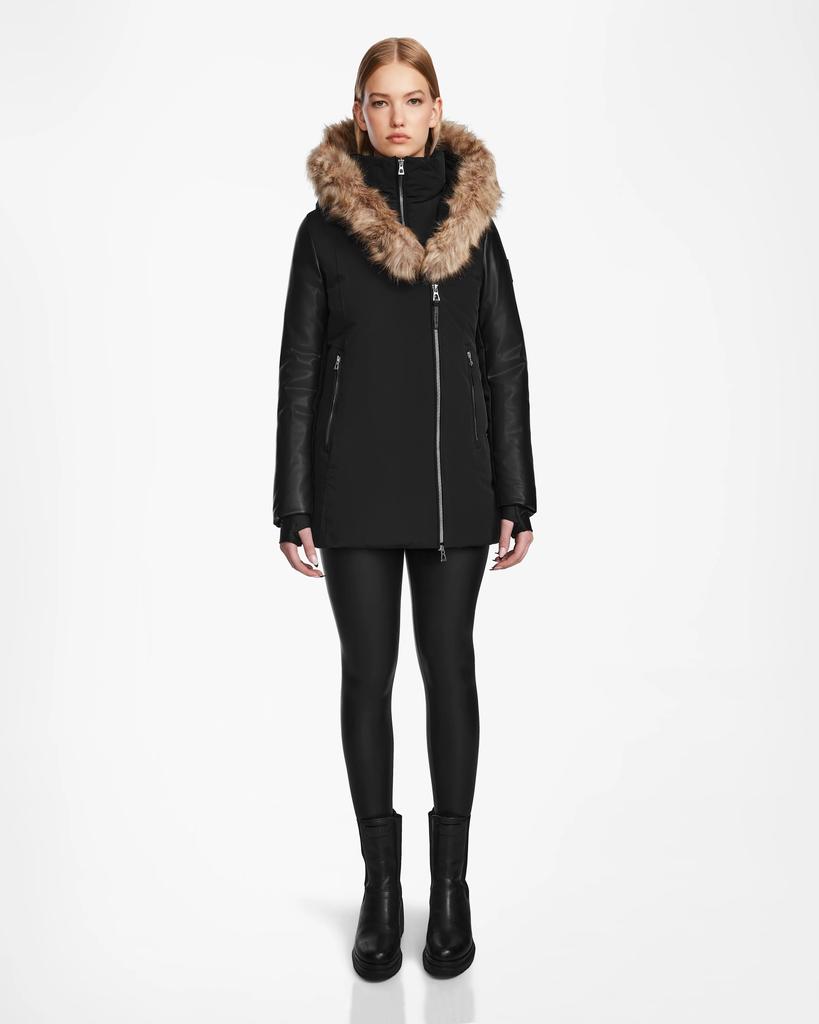 RUDSAK AURORE WOMEN'S FITTED SHORT DOWN PARKA WITH VEGAN LEATHER SLEEVES