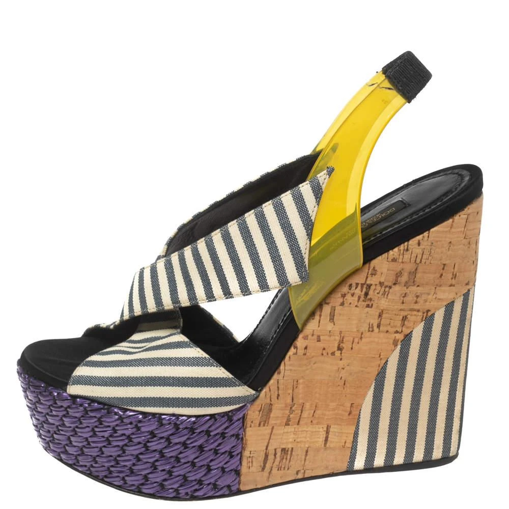 Dolce & Gabbana Dolce & Gabbana Multicolor Striped Fabric and PVC Cross Strap Slingback Wedge Sandals Size 37 2