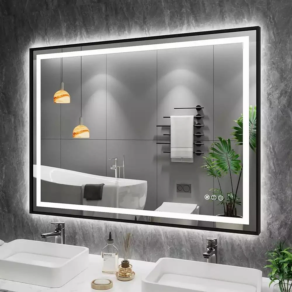 Amorho LED Bathroom Mirror with Frame, Front Light and Backlit, Stepless Dimmable, Anti-Fog, Shatter-Proof, Memory, 3 Colors, Double LED Vanity Mirror