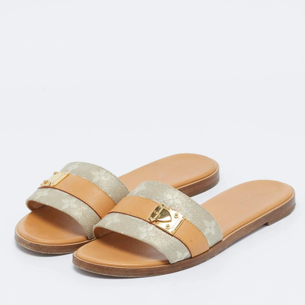 Louis Vuitton Louis Vuitton Brown/Beige Fabric and Leather Lock It Flat Sandals Size 37 2