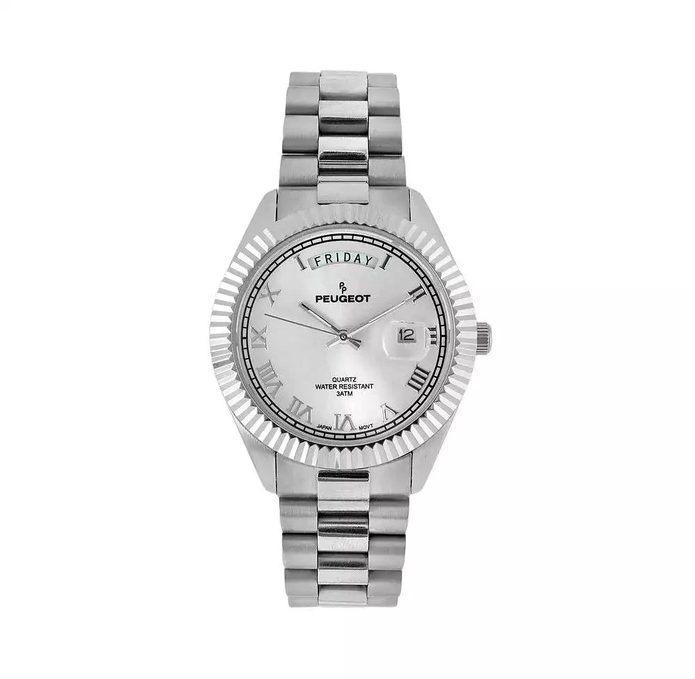 Peugeot Men's 40mm Silver Face Fluted Bezel Stainless Steel Bracelet Watch 1