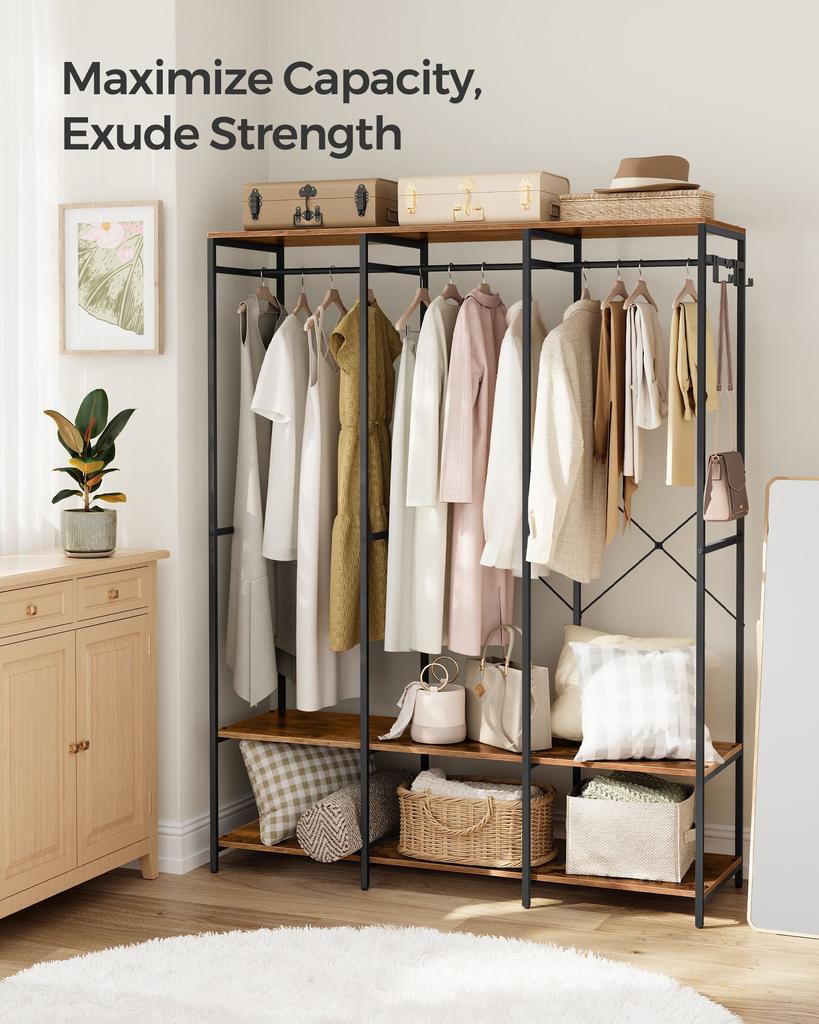 BreeBe 3-Column Clothes Rack with Hanging Rods Rustic Brown
