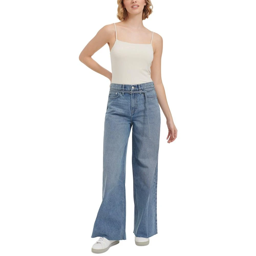 Calvin Klein Jeans Women's Cut-Hem High-Rise Wide-Leg Belted Cotton Denim Jeans 5