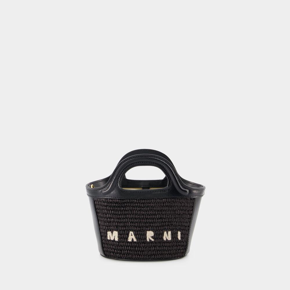 Marni BLACK LEATHER AND STRAW MICRO TROPICALIA SUMMER HANDBAG