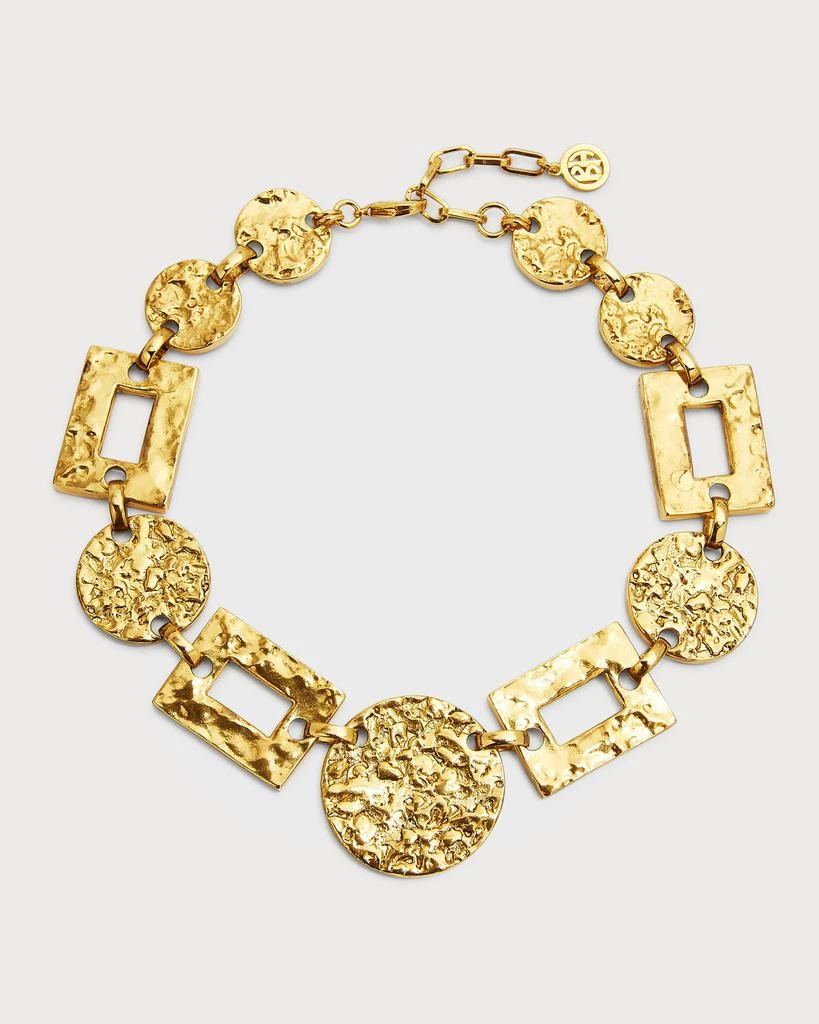 BEN-AMUN 24k Gold Electroplated  Textured Statement Round And Rectangular Necklace