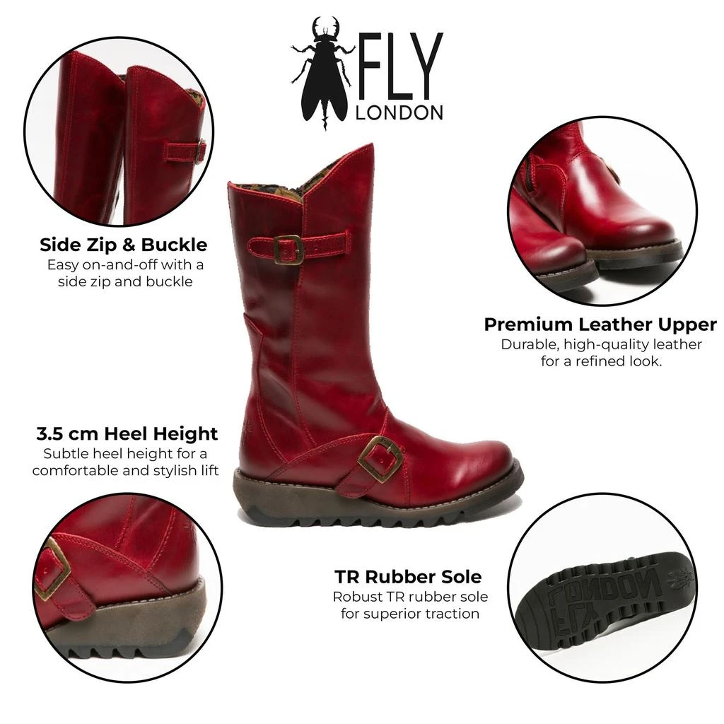FLY London Fly London Womens Red MES 2 Wedge Heel Buckle Mid-Calf Leather Zip Platform Boots 2