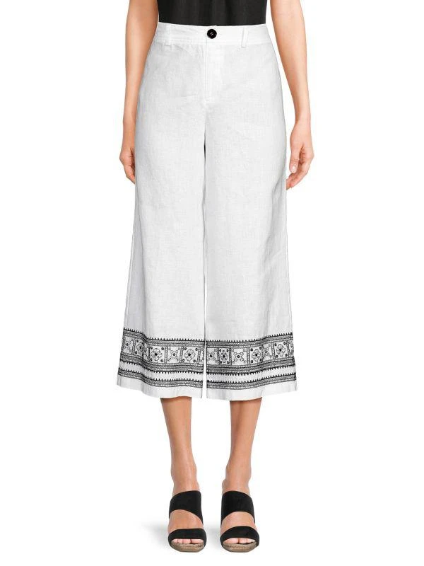 Saks Fifth Avenue Embroidered 100% Linen Cropped Pants 1