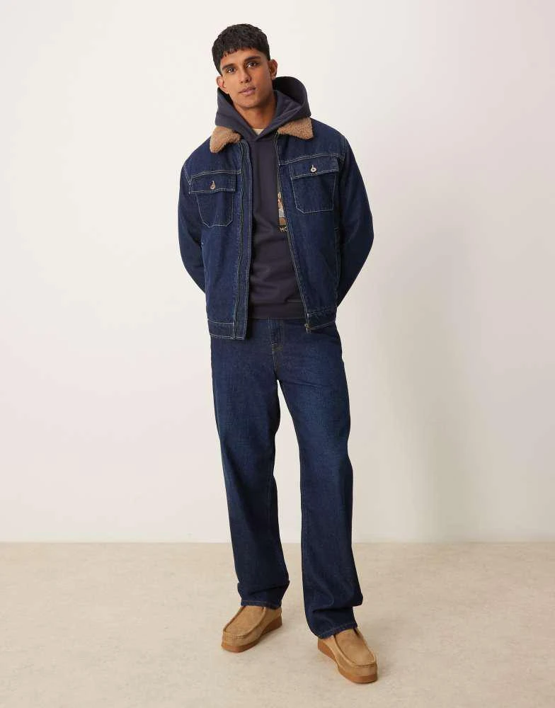 Mango Mango zip down shirt detail denim jacket with borg collar in dark denim 2