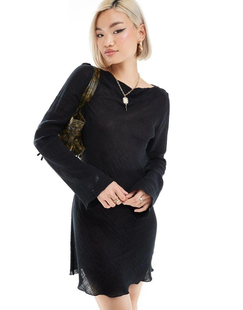 Weekday Weekday Ginko linen blend long sleeve mini dress in black 1