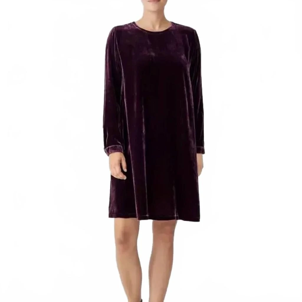 Eileen Fisher Velvet Crew Neck Dress In Dark Purple