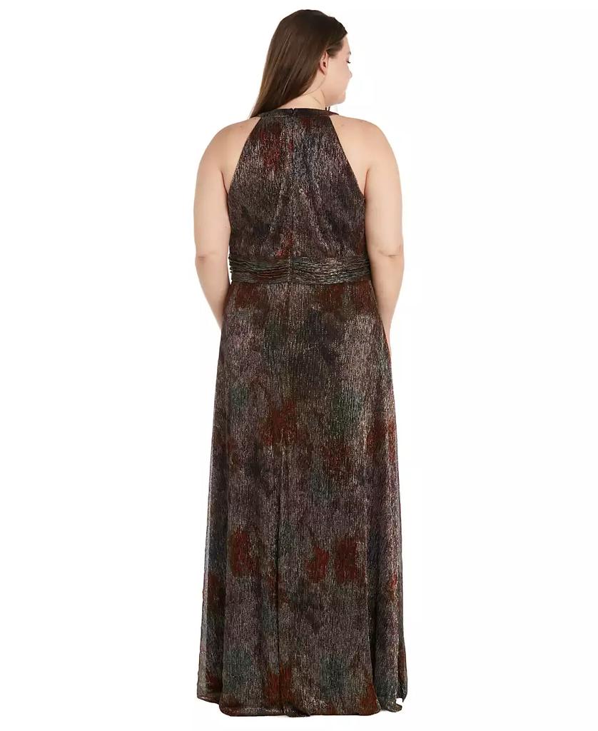 R & M Richards Plus Size Pleated Metallic Halter Gown