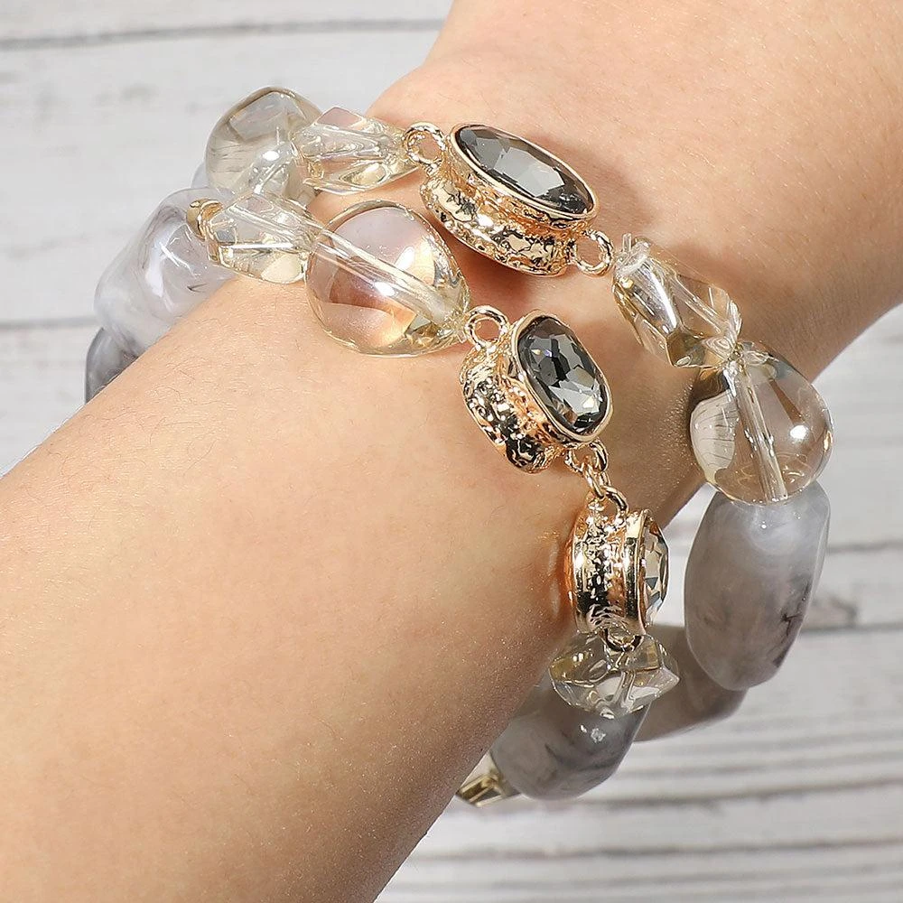 FASHNZFAB 2PCS - Chunky Marbled Resin Pebble Faceted Stone Beaded Stretch Multi Layered Bracelets
