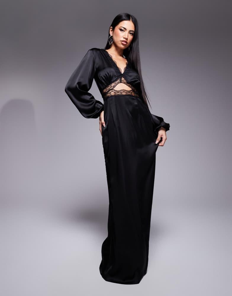 Never Fully Dressed Never Fully Dressed Mimi long sleeve lace cut-out slip maxi dress in black