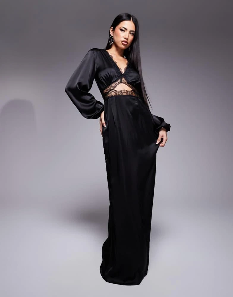 Never Fully Dressed Never Fully Dressed Mimi long sleeve lace cut-out slip maxi dress in black 1