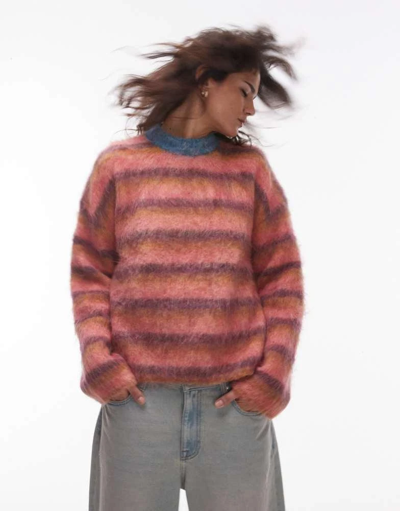 Topshop Topshop knitted ultra fluffy relaxed jumper in pink ochre and purple stripe 1