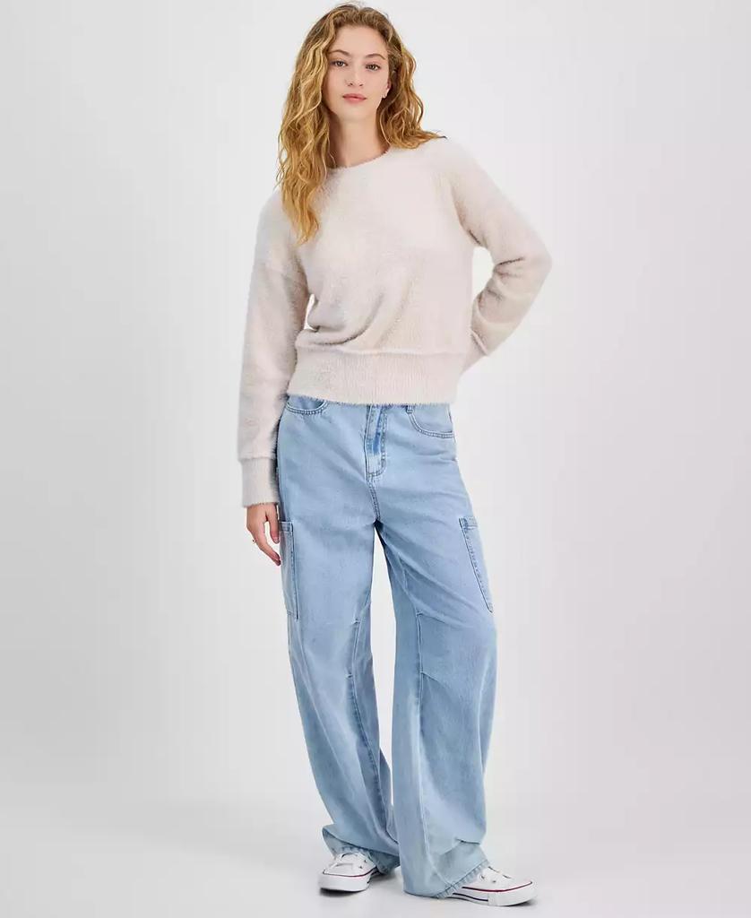 Hippie Rose Juniors' Cozy Drop-Shoulder Eyelash Lurex Crewneck Sweater