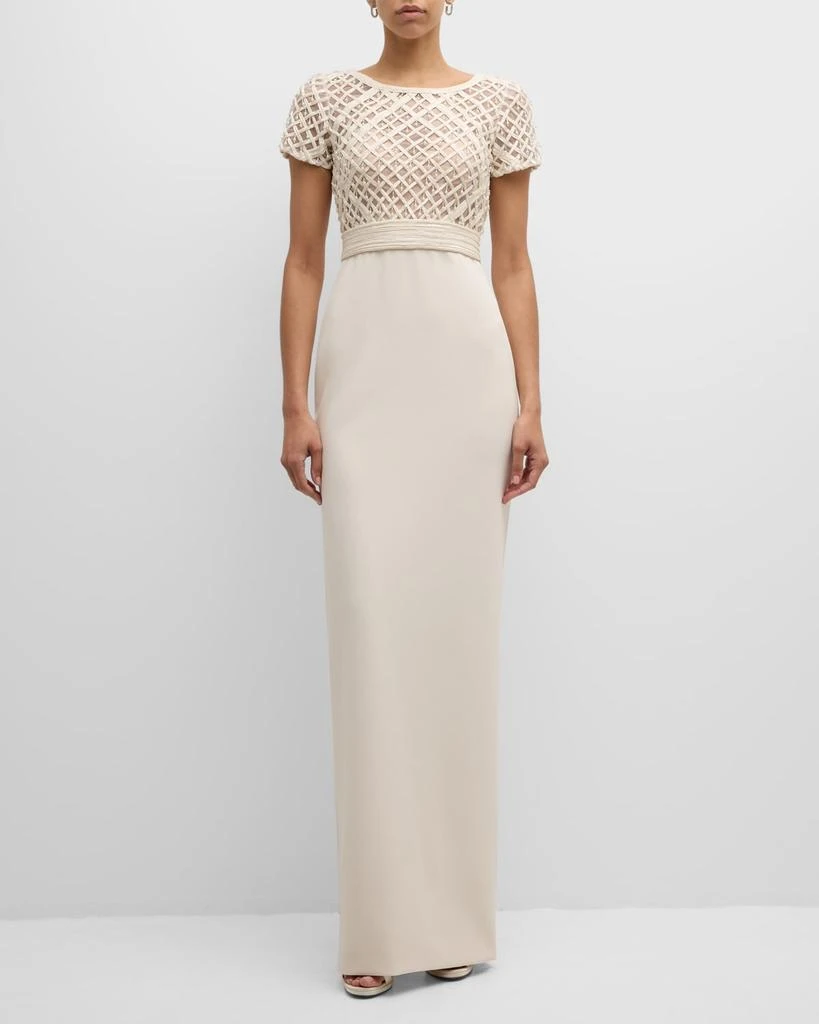 Pamella Roland Crepe Column Gown with Embroidered Satin Ribbon Bodice 3