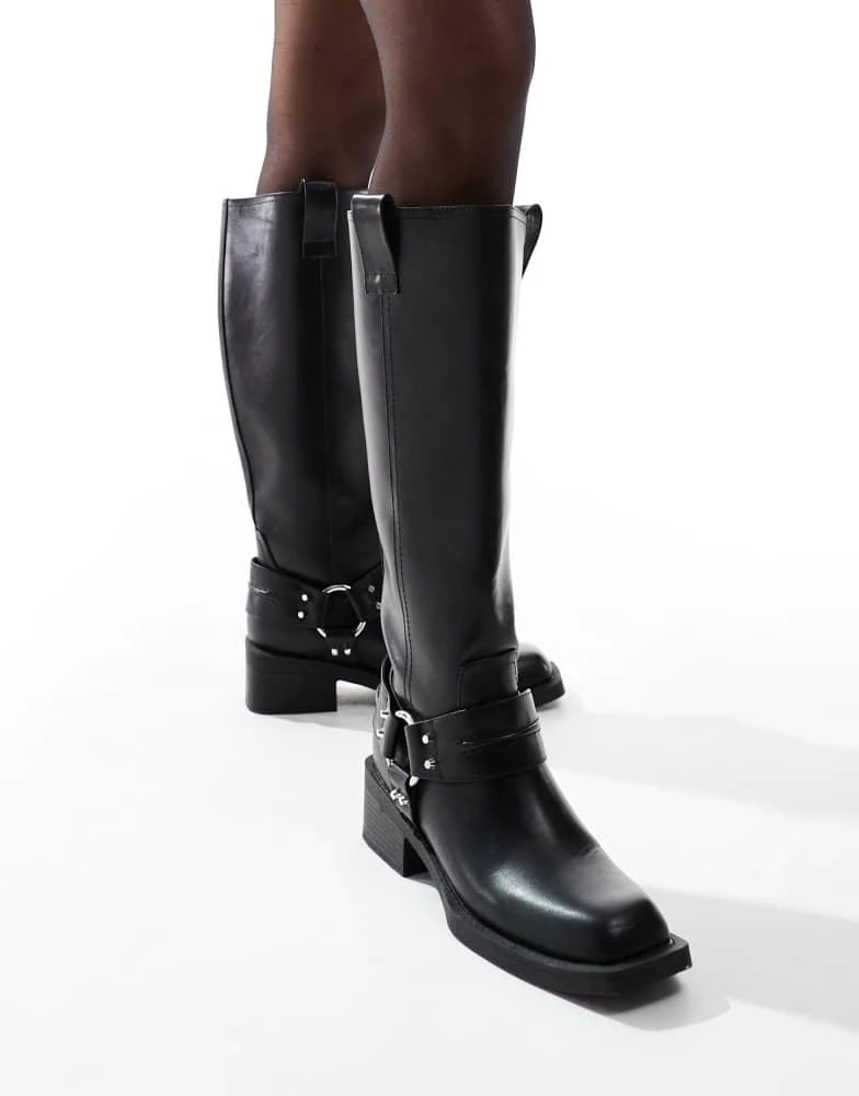 ASOS ASOS DESIGN Camila flat biker harness knee boots in black 2