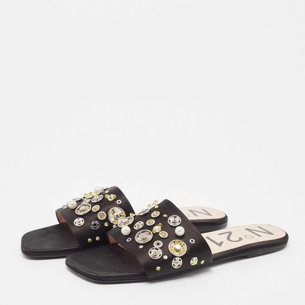 N°21 N21 Black Satin Embellished Flat Slides Size 39 2