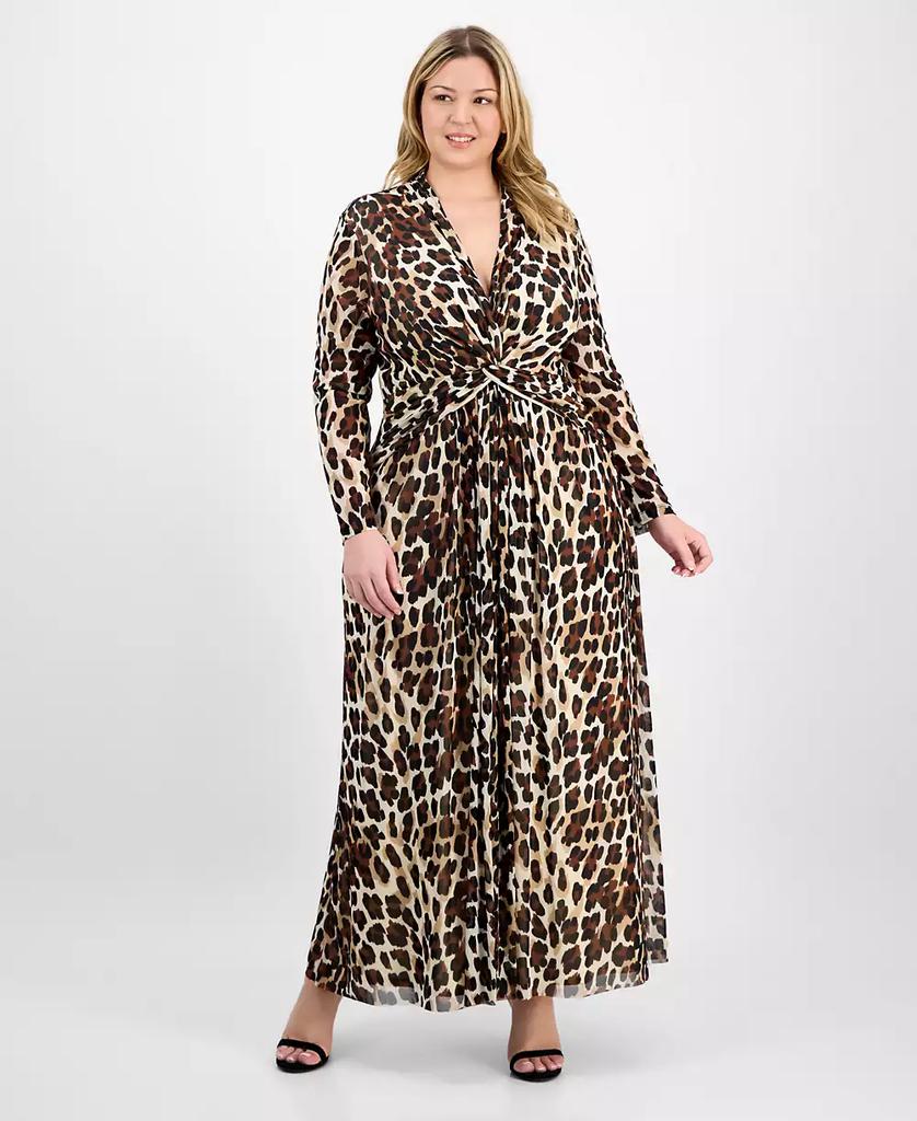 Anne Klein Plus Size Printed Mesh Long-Sleeve Maxi Dress