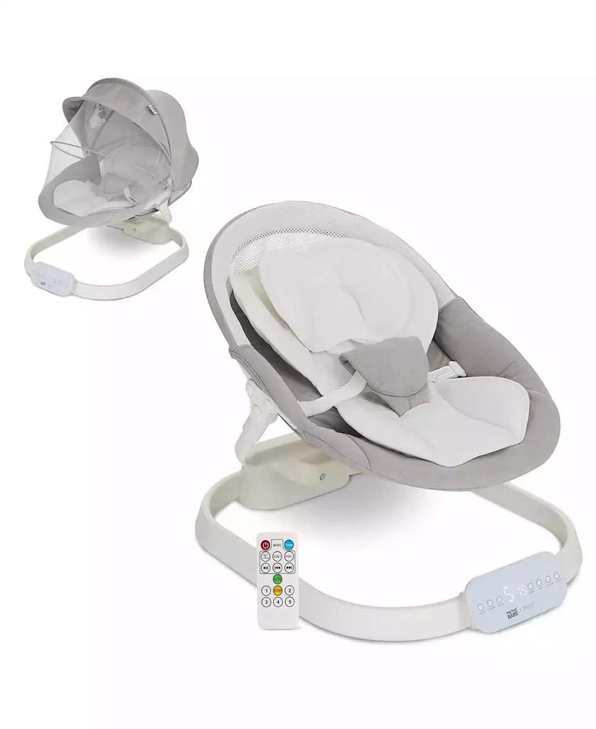 Evolur Baby evolur Comfort Cocoon Swing: TUYA voice control, 5-speed sway with remote. Features touchscreen music, removable canopy, toys, and 5-point harness.