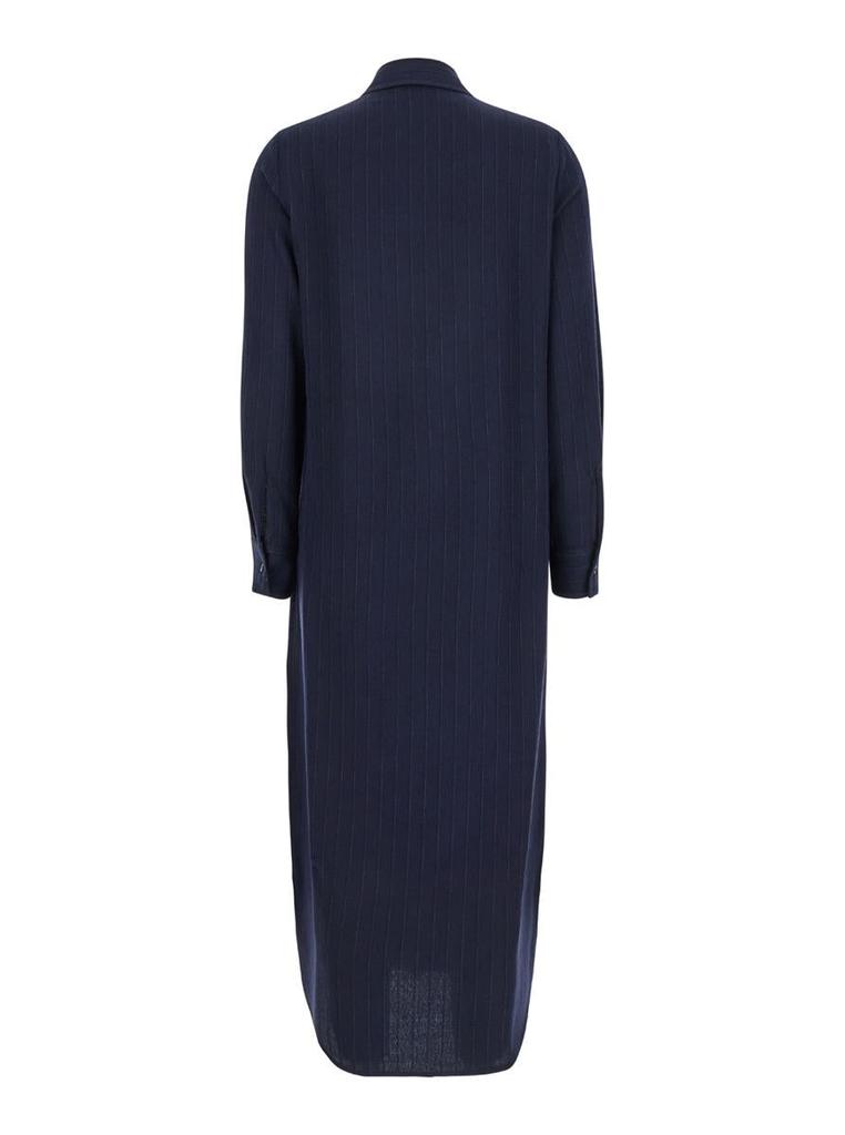 Momonì 'Hana' Blue Midi Dress With Classic Collar And All-Over Striped Motif In Wool Blend Woman