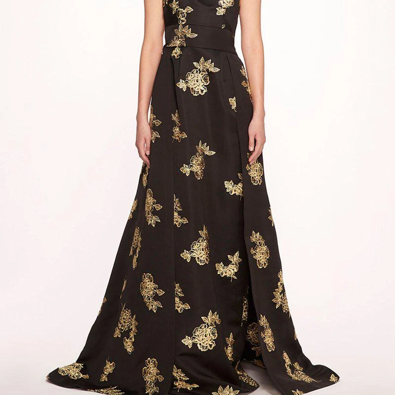 MARCHESA One Shoulder Marigold Ball Gown Black Gold Combo 1