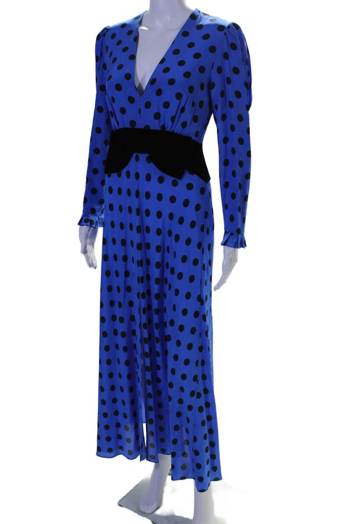 Not Available Rixo Womens Silk Polka Dot V Neck Long Sleeves A Line Dress Blue Black