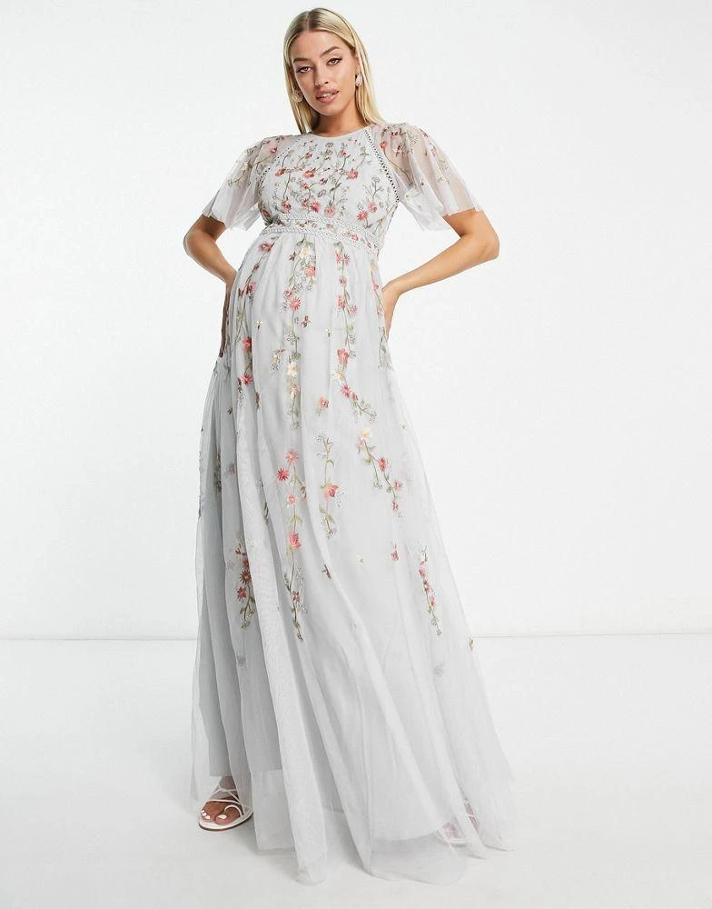 ASOS ASOS DESIGN Maternity Bridesmaid floral embroidered maxi dress with embellishment in soft blue 4