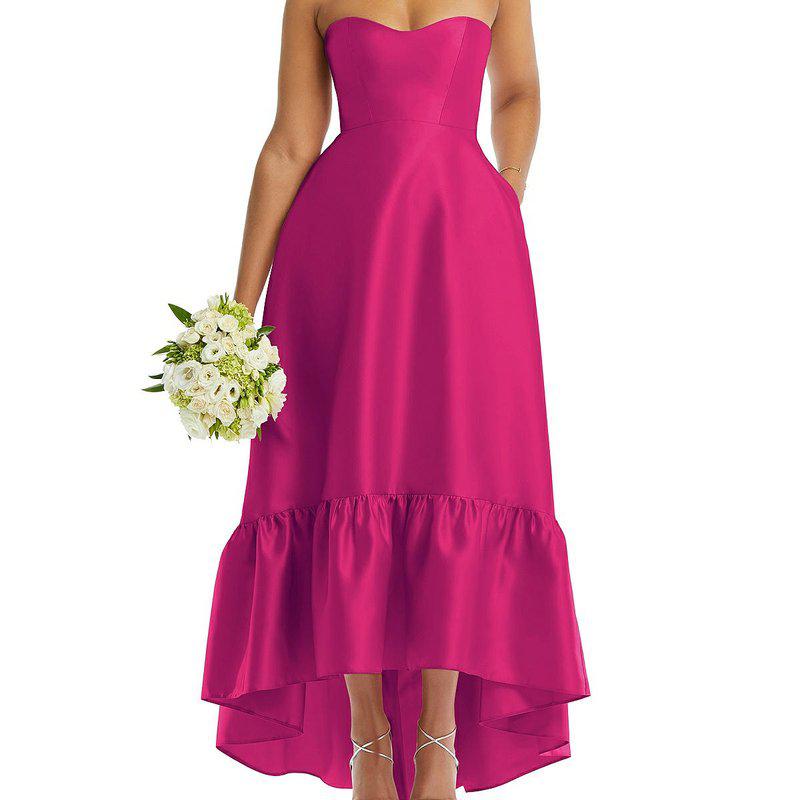Alfred Sung Strapless Deep Ruffle Hem Satin High Low Dress With Pockets D838