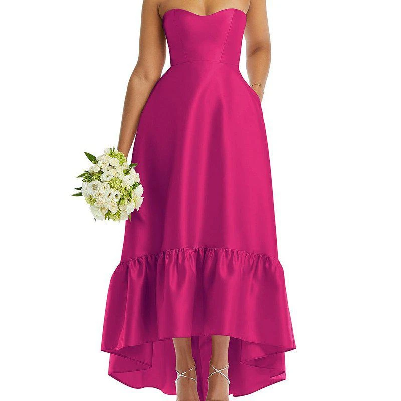 Alfred Sung Strapless Deep Ruffle Hem Satin High Low Dress With Pockets D838 1