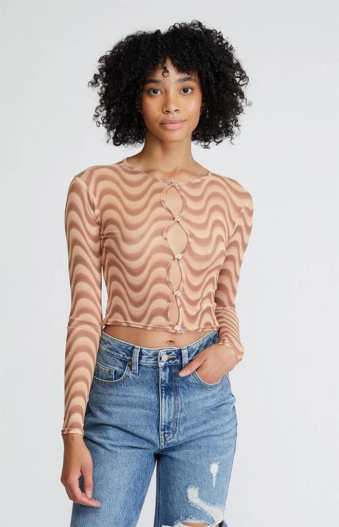 Daisy Street Brown Swirl Mesh Long Sleeve Top 1