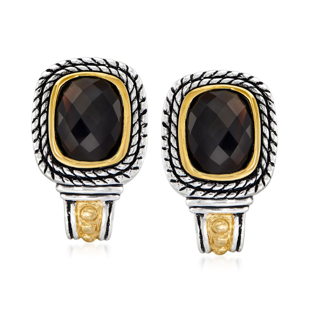 Ross-Simons Ross-Simons Black Onyx Earrings in Sterling Silver and 14kt Yellow Gold