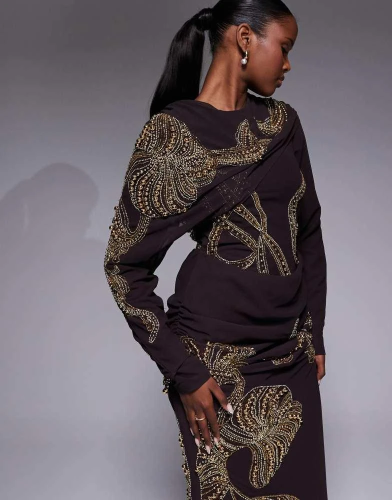 ASOS ASOS DESIGN drape shoulder embellished pleated maxi dress in chocolate  - Dresses & Skirts - Compare Prices from 1+ Stores - Free Shipping -  BeyondStyle