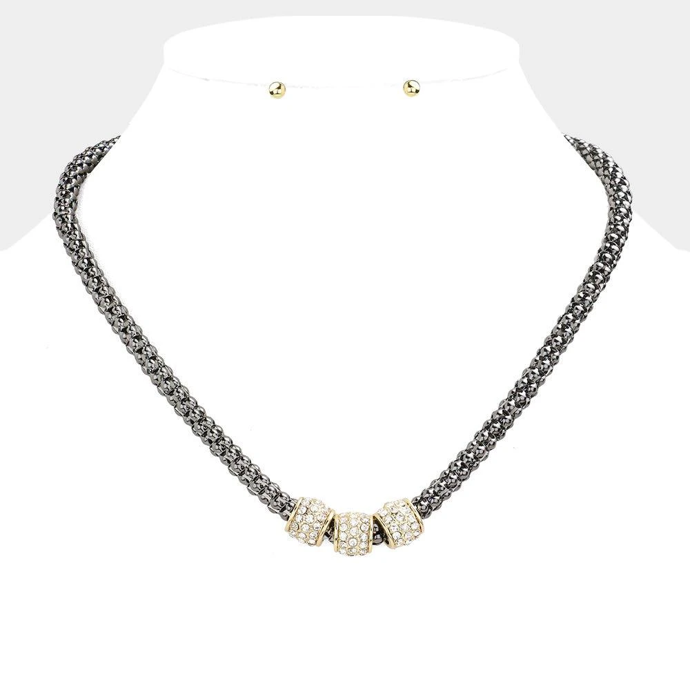 FASHNZFAB Rhinestone Embellished Triple Ring Accented Necklace