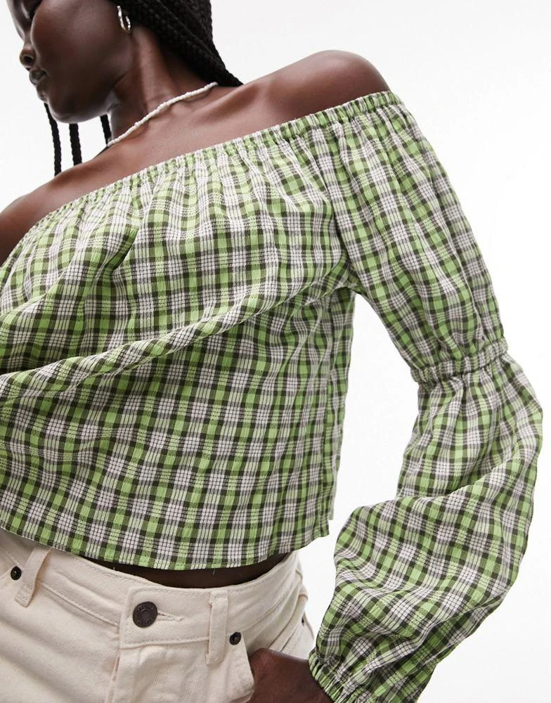 Topshop Topshop check bardot top in green 4