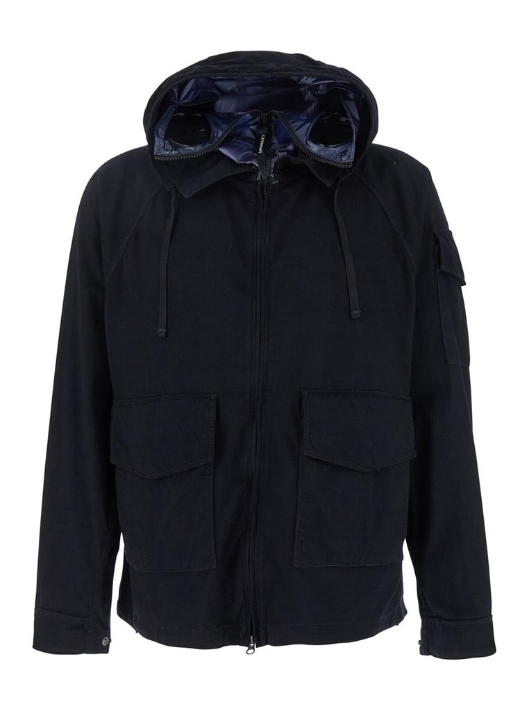 C.P. Company Blue Jacket With Explorer Hood And Adjustable Drawstring Waist In Tech Fabric Man