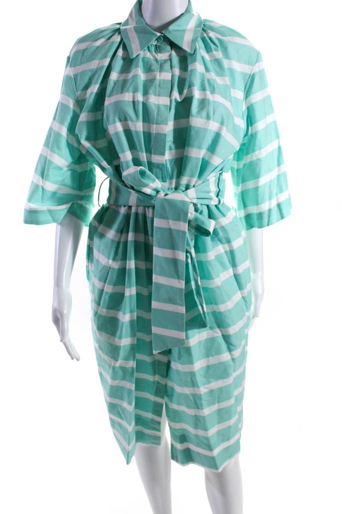 Designer Milva Mi Womens Striped Button Down Belted Dress Blue White Cotton