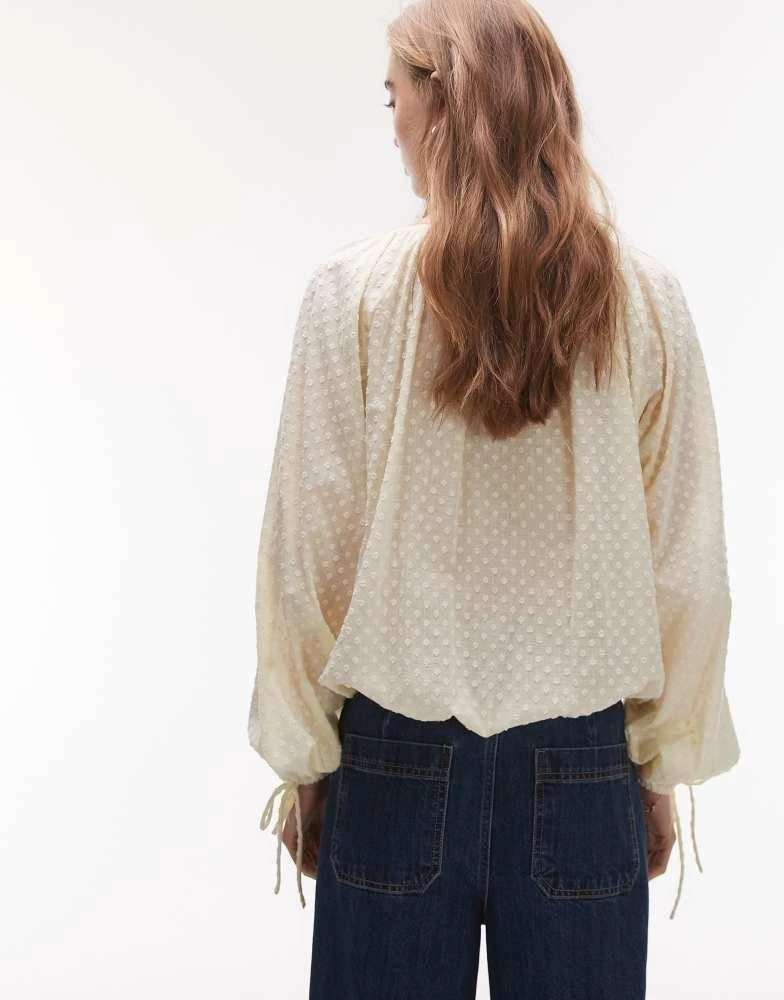 Topshop Topshop dobby ruched neck tie front top in buttermilk 4