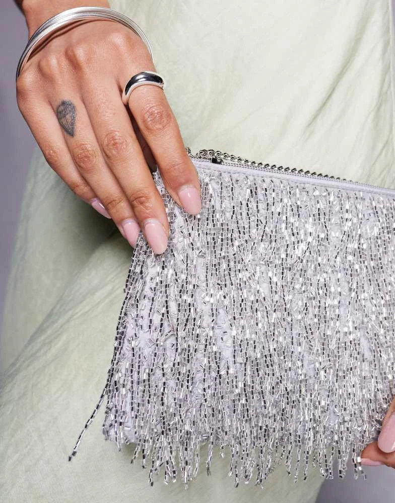 True Decadence True Decadence embellished tassle clutch bag in silver 4